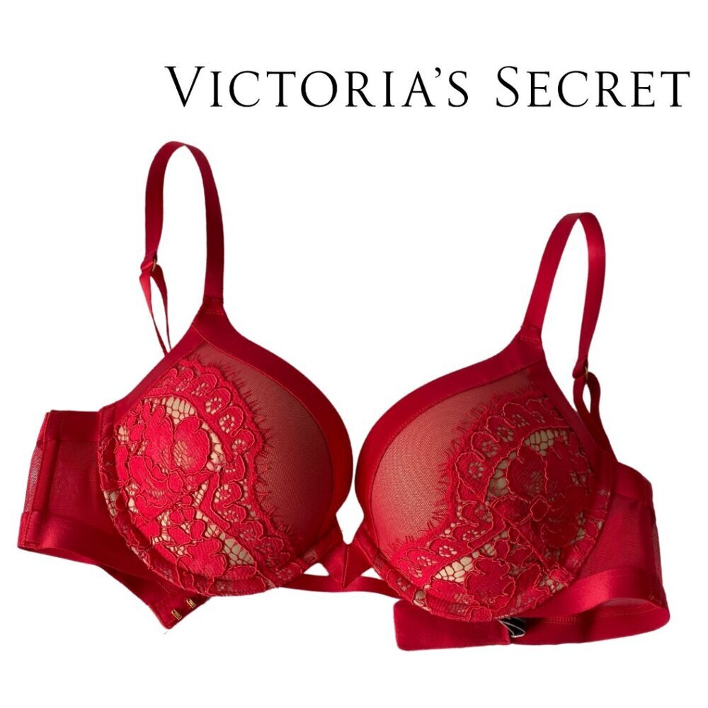 Victoria's Secret, Very Sexy Push-Up, Lace Mesh Overlay Bra, 32D, Red, Nude, Tan